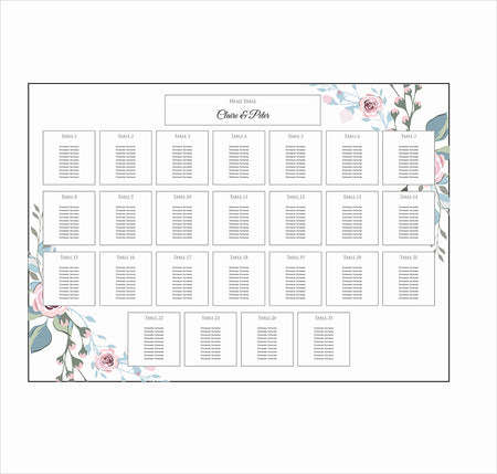 A1 personalised landscape Wedding Table Plan mounted 
on board can be placed on easel in gold leaf 
with light blue and pink flower bouquet in top right and bottom left corner