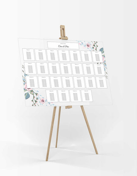 A1 personalised landscape Wedding Table Plan mounted 
on board can be placed on easel in gold leaf 
with light blue and pink flower bouquet in top right and bottom left corner