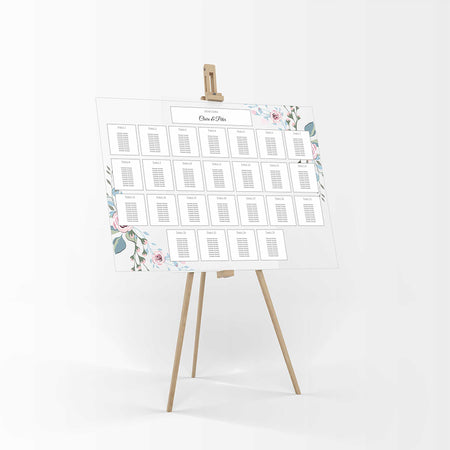 A1 personalised landscape Wedding Table Plan mounted on board can be placed on easel in gold leaf with light blue and pink flower bouquet in top right and bottom left corner