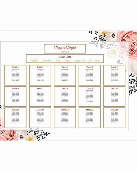 A1 personalised landscape Wedding Table Plan mounted 
on board can be placed on easel in gold leaf 
with peach and cream flower bouquet in top right and bottom left corner