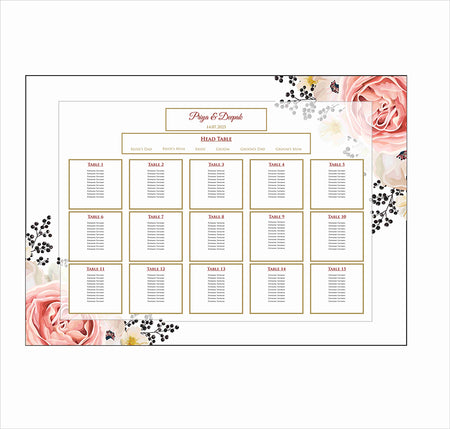 A1 personalised landscape Wedding Table Plan mounted 
on board can be placed on easel in gold leaf 
with peach and cream flower bouquet in top right and bottom left corner