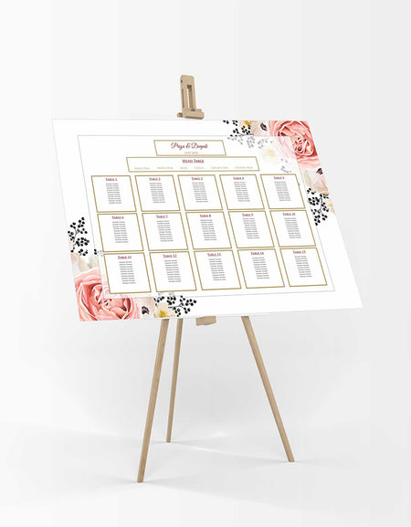 A1 personalised landscape Wedding Table Plan mounted 
on board can be placed on easel in gold leaf 
with peach and cream flower bouquet in top right and bottom left corner