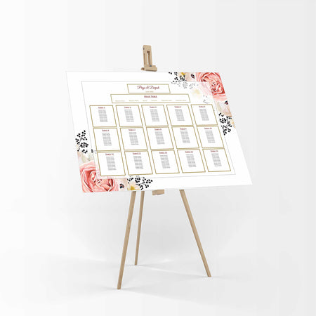 A1 personalised landscape Wedding Table Plan mounted on board can be placed on easel in gold leaf with peach and cream flower bouquet in top right and bottom left corner