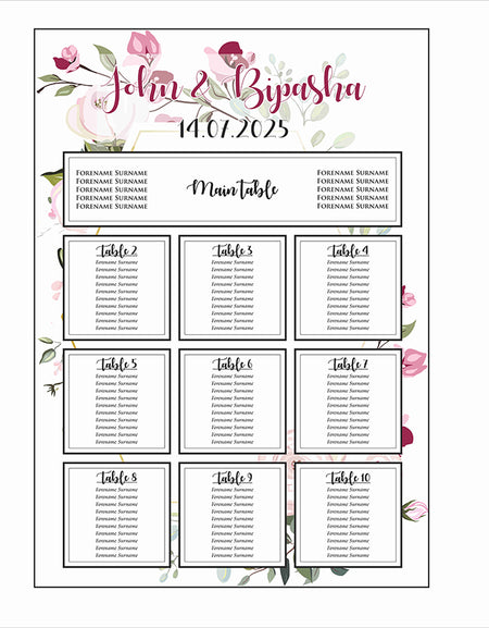A1 personalised portrait Wedding Table Plan mounted 
on board can be placed on easle in gold leaf 
withpink and lilac flowers with green leaves