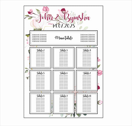 A1 personalised portrait Wedding Table Plan mounted 
on board can be placed on easle in gold leaf 
withpink and lilac flowers with green leaves