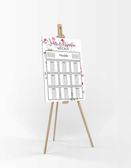 A1 personalised portrait Wedding Table Plan mounted 
on board can be placed on easle in gold leaf 
withpink and lilac flowers with green leaves
