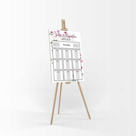 A1 personalised portrait Wedding Table Plan mounted 
on board can be placed on easle in gold leaf 
withpink and lilac flowers with green leaves
