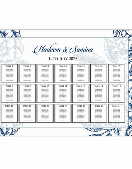 A1 personalised landscape Wedding Table Plan mounted 
on board can be placed on easel in gold leaf 
with pencil drawing of blue rose flowers in the background