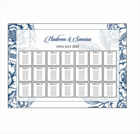 A1 personalised landscape Wedding Table Plan mounted 
on board can be placed on easel in gold leaf 
with pencil drawing of blue rose flowers in the background