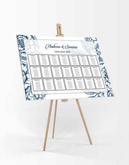 A1 personalised landscape Wedding Table Plan mounted 
on board can be placed on easel in gold leaf 
with pencil drawing of blue rose flowers in the background