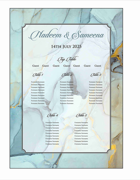 A1 personalised portrait Wedding Table Plan mounted 
on board can be placed on easel 
with blue and gold marble effect in the background