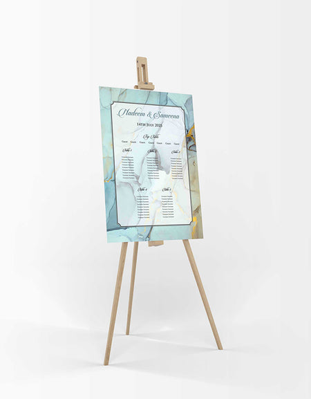 A1 personalised portrait Wedding Table Plan mounted 
on board can be placed on easel 
with blue and gold marble effect in the background