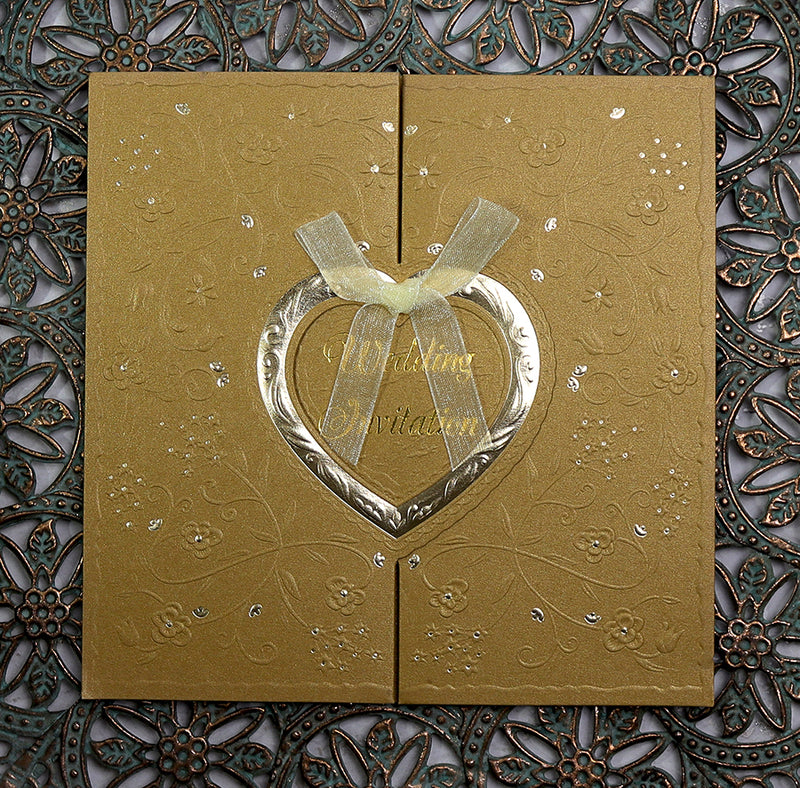 Gold Gatefold Hearts wedding Invitation card W001