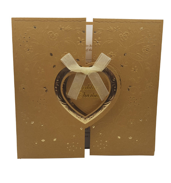 Gold Gatefold Hearts wedding Invitation card W001