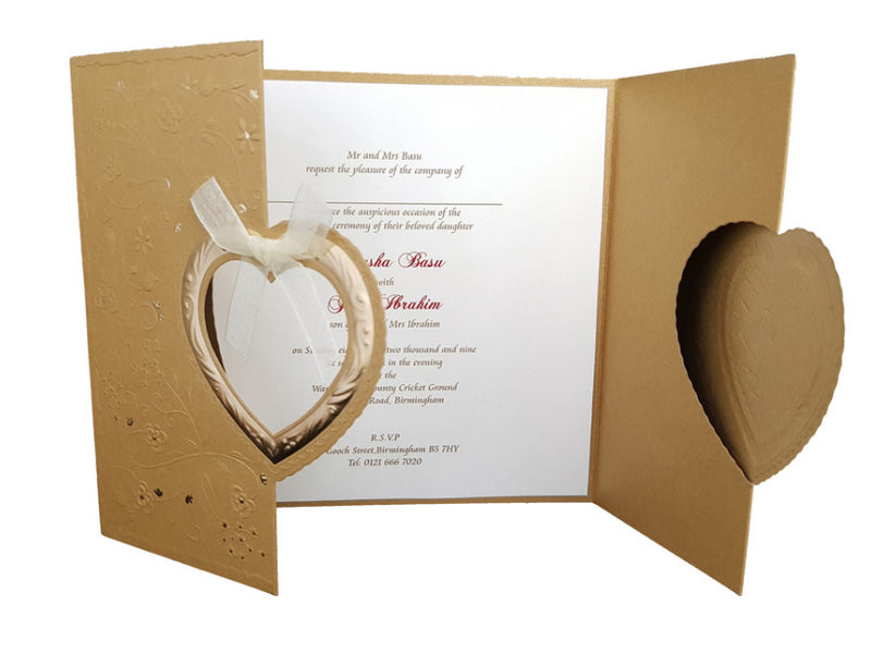 Gold Gatefold Hearts wedding Invitation card W001