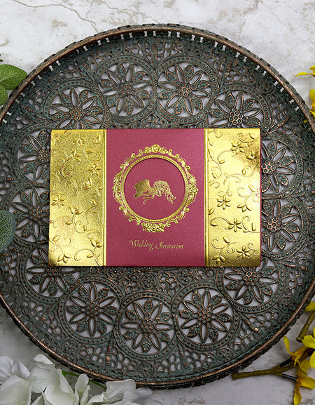 W0081 Red and gold embossed embroidery Marriage Invitation Cards