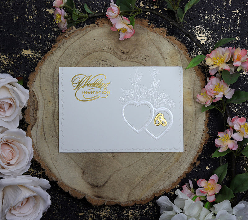 W024A Ivory and pearl foil rings and hearts Wedding Invitation