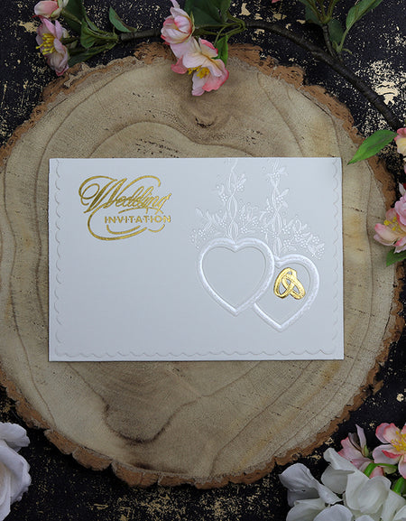 W024A Ivory and pearl foil rings and hearts Wedding Invitation