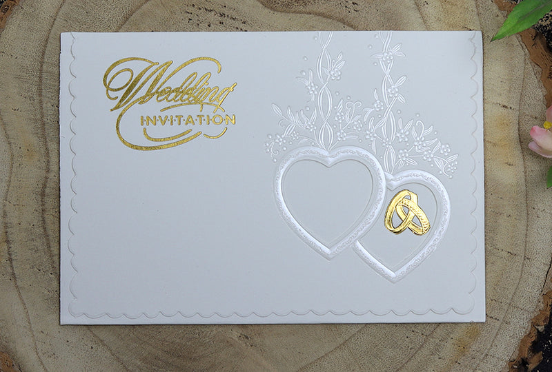 W024A Ivory and pearl foil rings and hearts Wedding Invitation