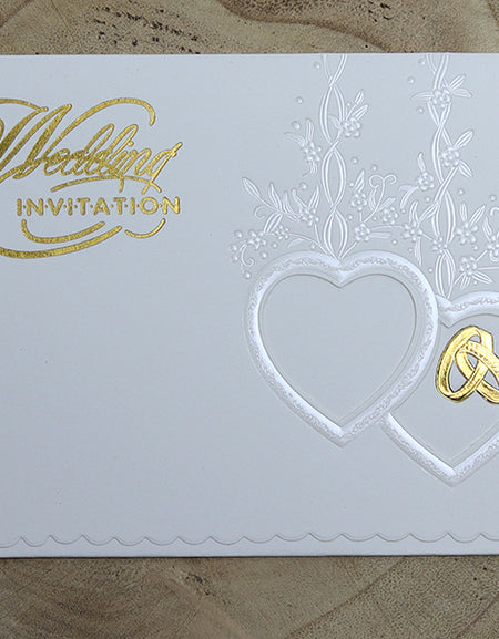W024A Ivory and pearl foil rings and hearts Wedding Invitation
