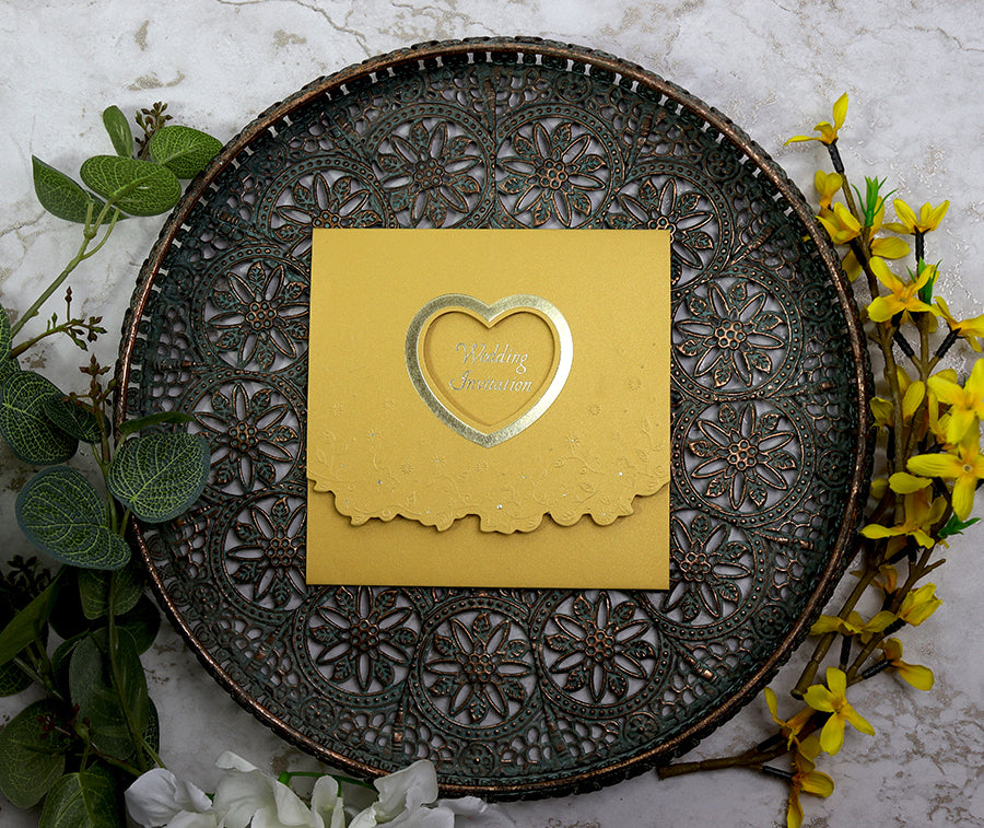 Pearlescent Gold 2 fold Asian style Heart wedding invitation card W046 ...