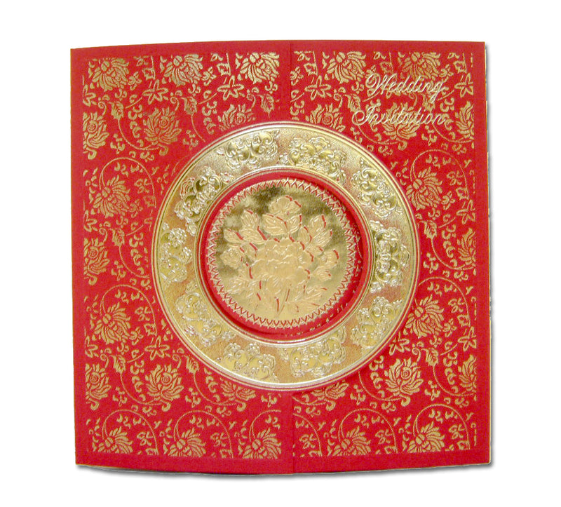 W0861 Regal red gold filigree embossed and letterpress wedding invitations