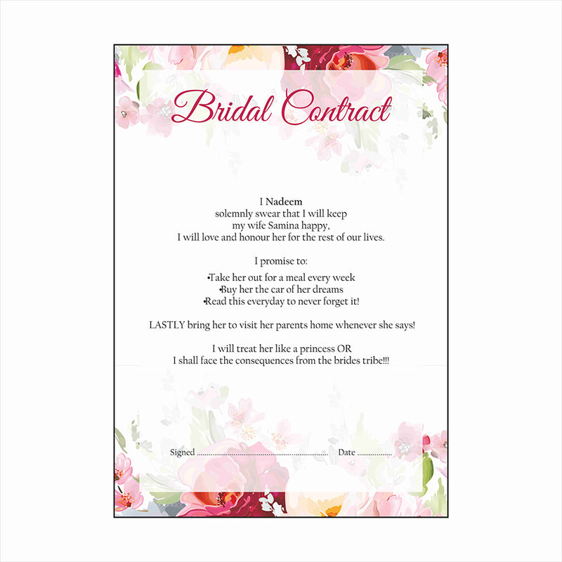 Watercolour Floral  – A1 Bridal Contract – Funny Agreement for Husband/Wife