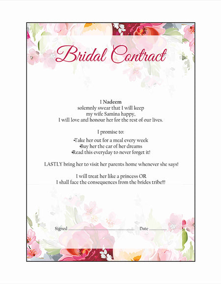 Watercolour Floral  – A1 Bridal Contract – Funny Agreement for Husband/Wife