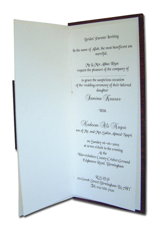 Load image into Gallery viewer, Close-up of the brown wooden texture on WN075 Invitation, showcasing the natural grain and handcrafted details of the ivy leaf carving from Shaadi cards.com
