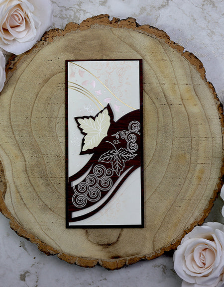 Front view of WN075 Ivy Leaf Carved Brown Wooden Invitation, showcasing intricate ivy leaf patterns carved into brown wood, paired with ivory cardstock for a striking and elegant design from Shadi Cards.com