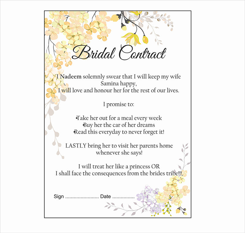 Yellow Floral  – A1 Bridal Contract – Funny Agreement for Husband/Wife
