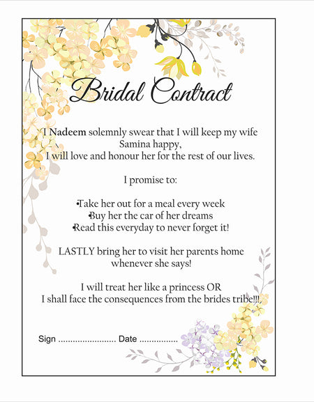 Yellow Floral  – A1 Bridal Contract – Funny Agreement for Husband/Wife