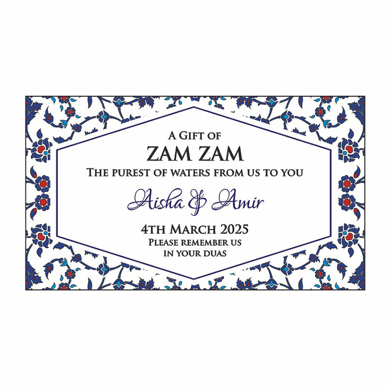 blue and red arabesque flowers design ZamZam Water bottle sticker