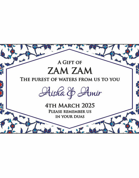 blue and red arabesque flowers design ZamZam Water bottle sticker