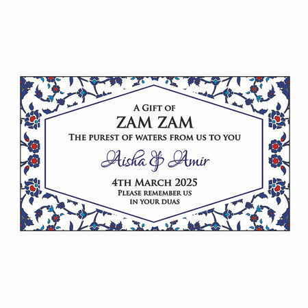 blue and red arabesque flowers design ZamZam Water bottle sticker