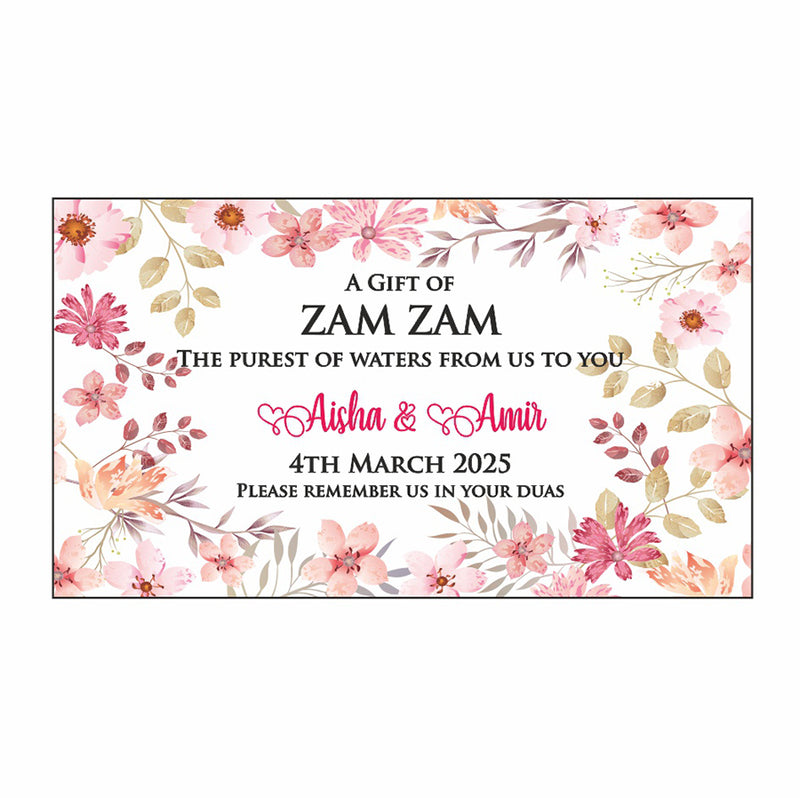 Pink and brown floral design zam Zam bottle label for Islamic Wedding Favours