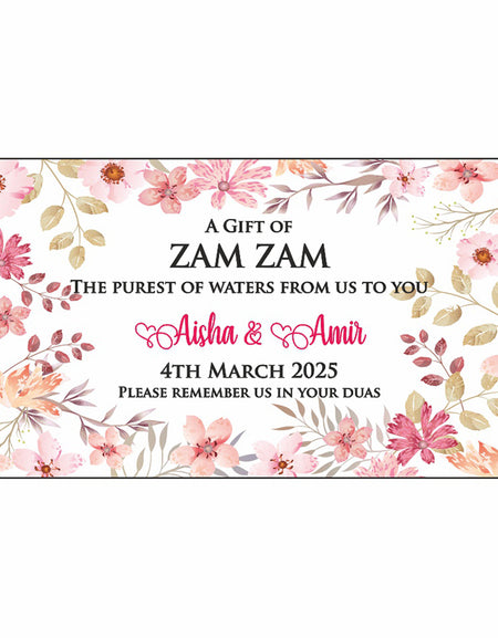 Pink and brown floral design zam Zam bottle label for Islamic Wedding Favours