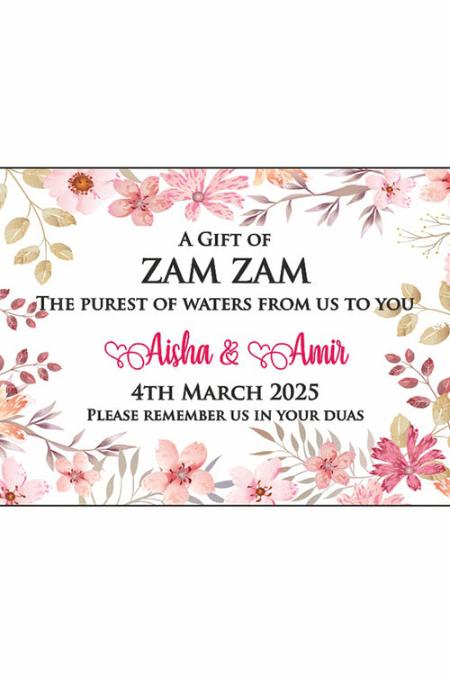 Load image into Gallery viewer, Pink and brown floral design zam Zam bottle label for Islamic Wedding Favours
