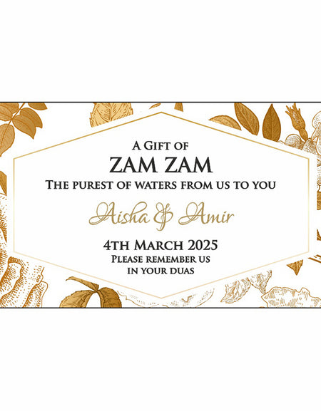 Floral design ZamZam bottle label for Muslim weddings from special Shaadicards 