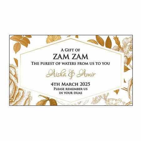 Floral design ZamZam bottle label for Muslim weddings from special Shaadicards 