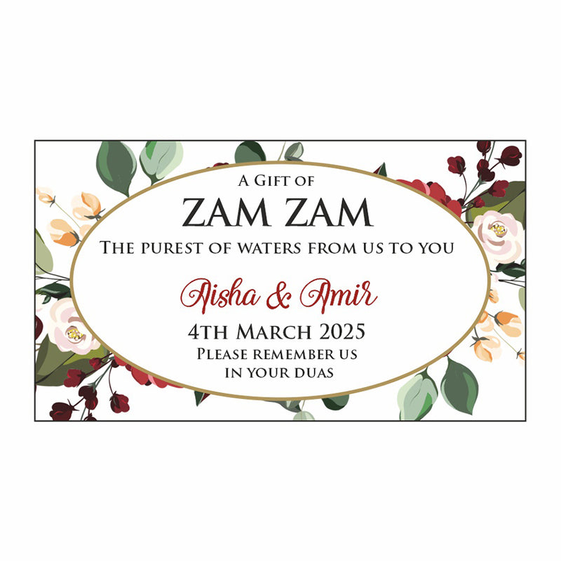 Deep Red, white, peach and green floral Wedding favours bottle lables from Shaadi Cards also spelt shadi card and sometimes shaadi card