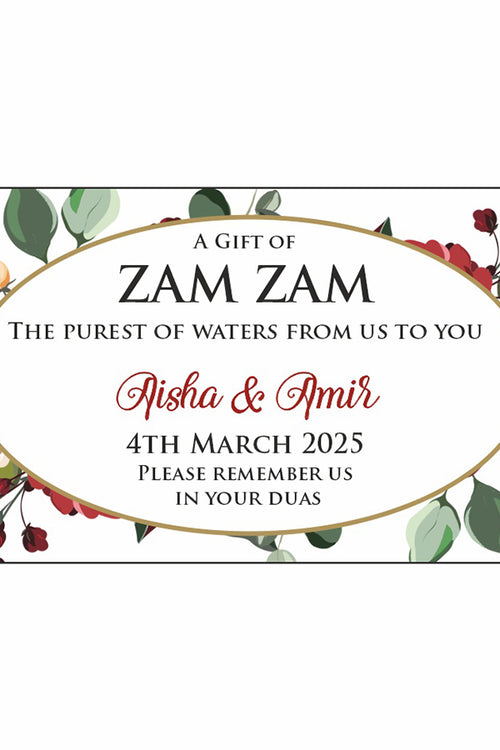 Load image into Gallery viewer, Deep Red, white, peach and green floral Wedding favours bottle lables from Shaadi Cards also spelt shadi card and sometimes shaadi card
