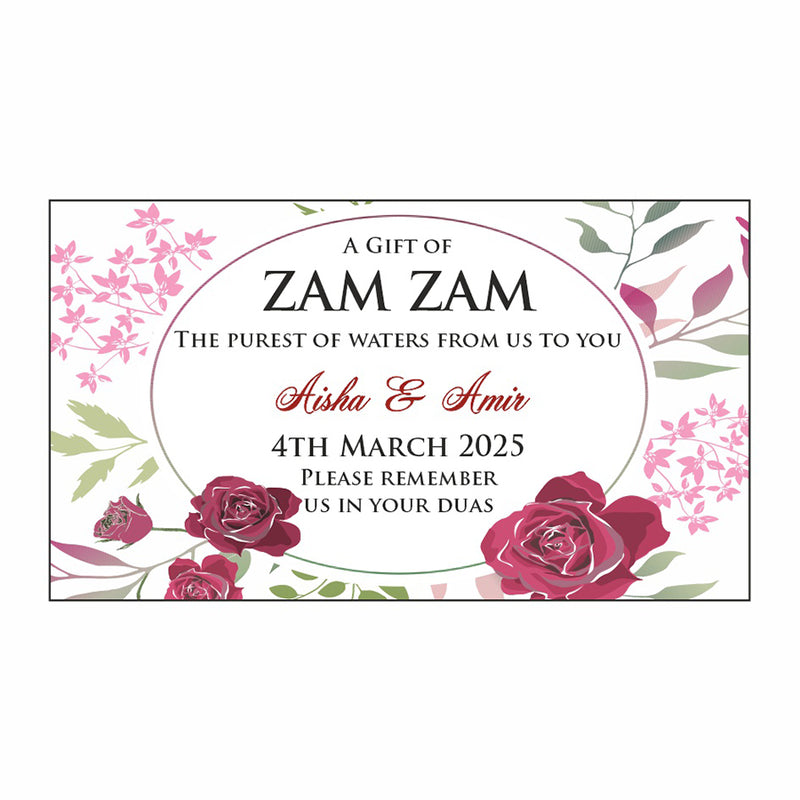 Red, pink and green floral zamzam bottle lables for Islamic Events from Shaadi Cards special design