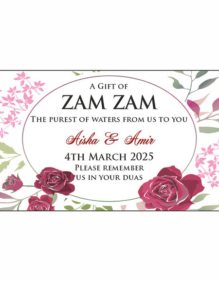 Red, pink and green floral zamzam bottle lables for Islamic Events from Shaadi Cards special design