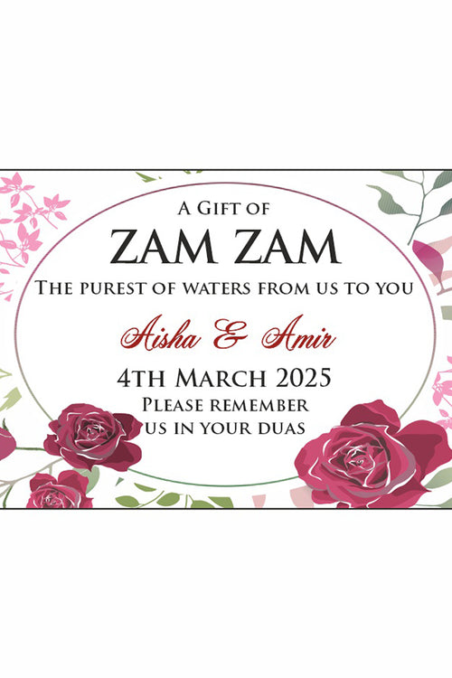 Load image into Gallery viewer, Red, pink and green floral zamzam bottle lables for Islamic Events from Shaadi Cards special design
