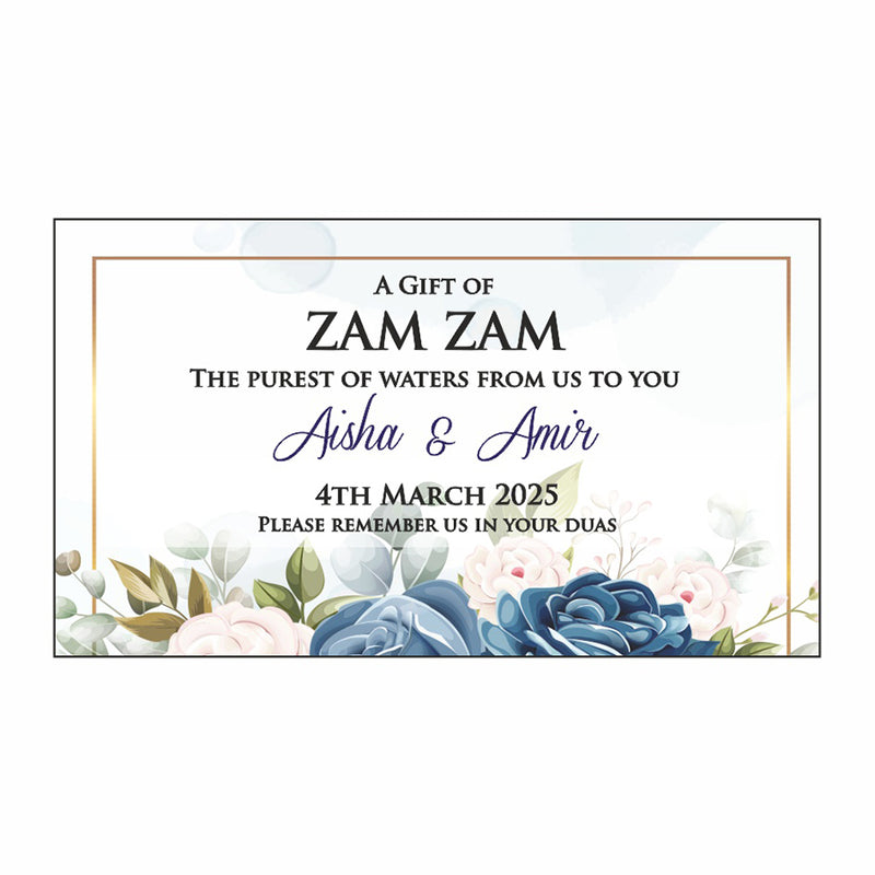 Blue, white and green Watercolour floral bottle sticker with gold border