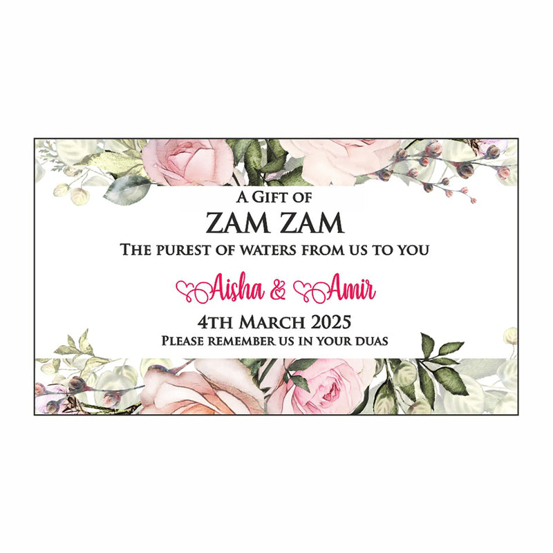 Pink & Green watercolour flowers ZamZam battle stickers for Muslim Nikah from very sepcial Shaadicards.com 