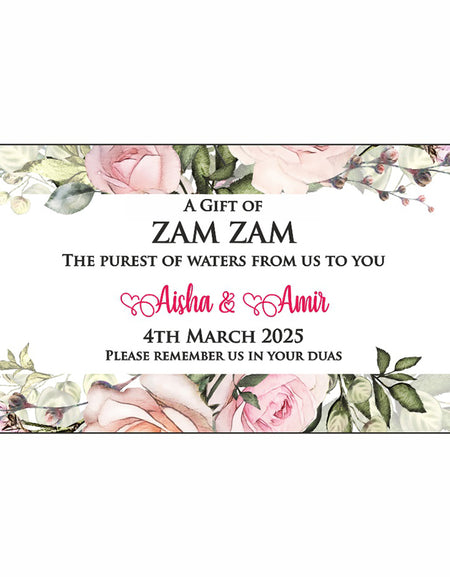 Pink & Green watercolour flowers ZamZam battle stickers for Muslim Nikah from very sepcial Shaadicards.com 