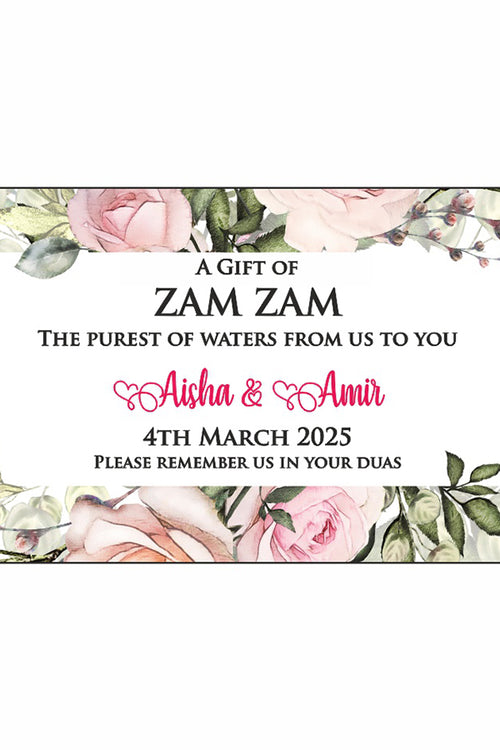 Load image into Gallery viewer, Pink &amp; Green watercolour flowers ZamZam battle stickers for Muslim Nikah from very sepcial Shaadicards.com 
