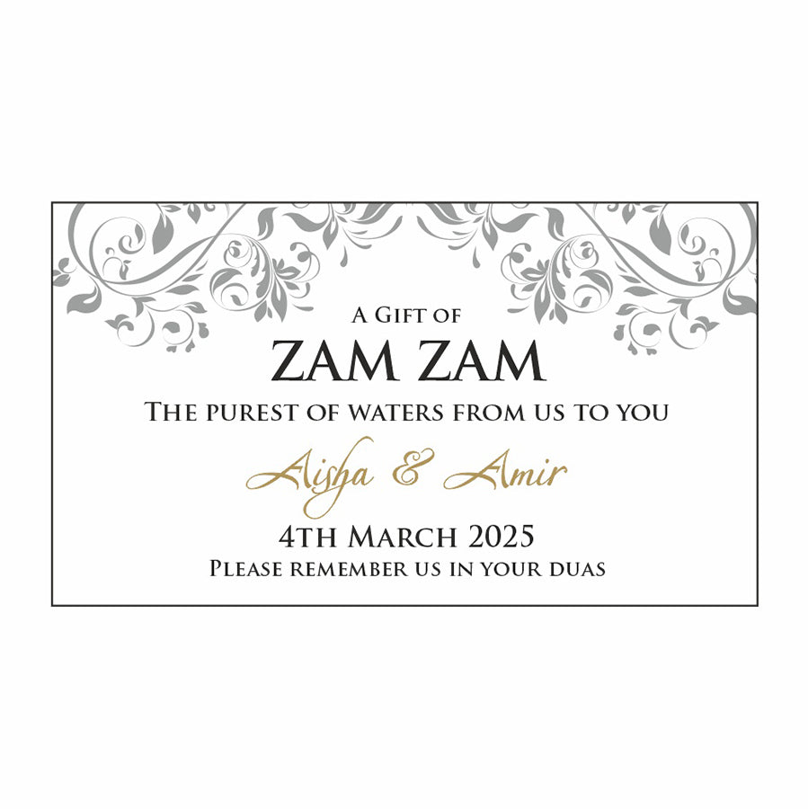 Zam Zam Water bottle labels for Muslim wedding favours for shadicards, also spelt as shadi cards or shaadi cards